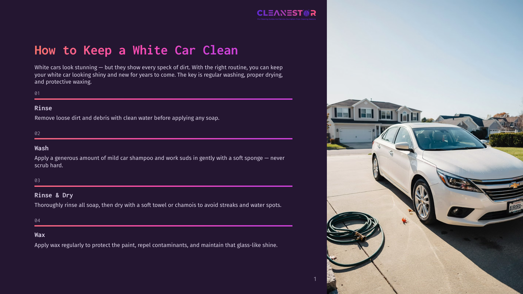 A White Sedan Is Parked On A Driveway Next To A Garden Hose, Ready For A Wash. The Image Is Part Of A Guide On How To Keep A White Car Clean.