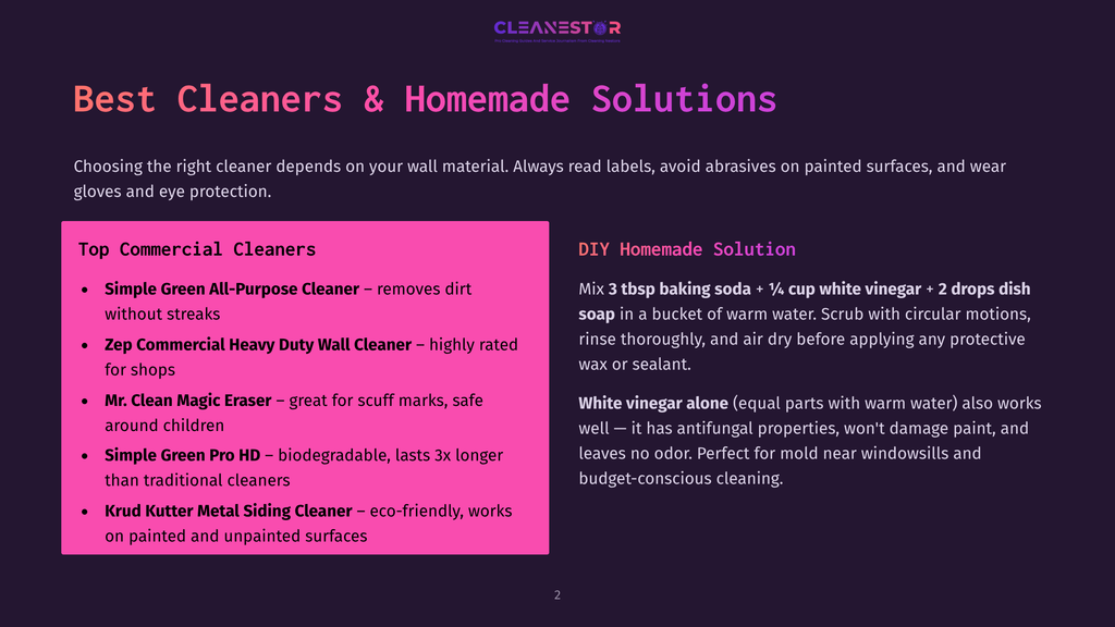 A Slide From A Presentation Titled &Quot;Best Cleaners &Amp; Homemade Solutions&Quot; With Lists Of Commercial Cleaners And A Diy Homemade Solution For Cleaning Painted Surfaces.
