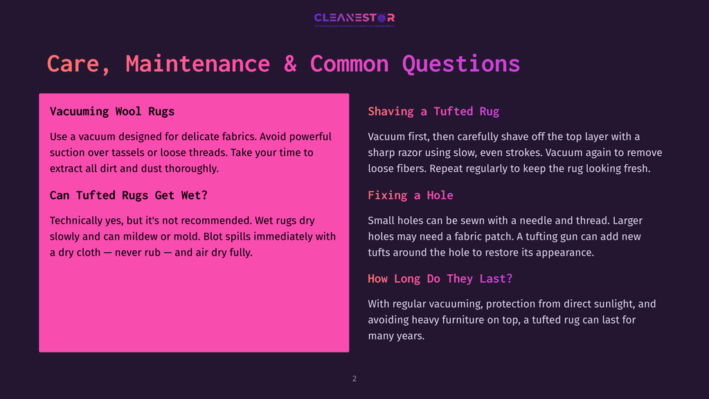 A Dark Purple Background With A Pink Rectangle On The Left And A Pink Rectangle On The Right. The Left Rectangle Contains Text About Vacuuming Wool Rugs And Tufted Rugs. The Right Rectangle Contains Text About Shaving Tufted Rugs And How Long They Last.