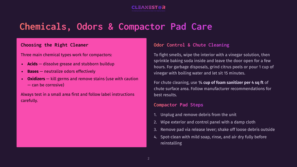 A Presentation Slide Titled &Quot;Chemicals, Odors &Amp; Compactor Pad Care&Quot; With Instructions On Choosing The Right Cleaner And Odor Control Methods, Including Using Vinegar And Foam Sanitizer.