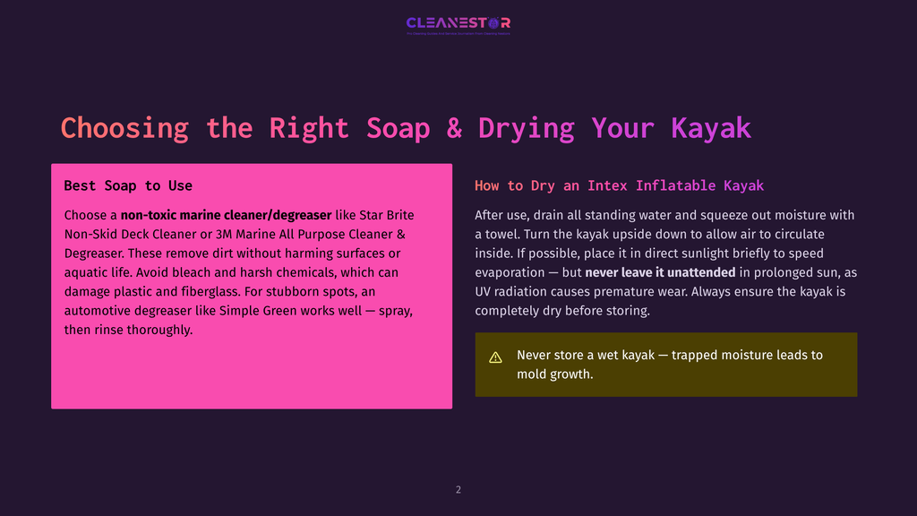 Text On A Dark Background: &Quot;Choosing The Right Soap &Amp; Drying Your Kayak&Quot; With Sections For &Quot;Best Soap To Use&Quot; And &Quot;How To Dry An Intex Inflatable Kayak.