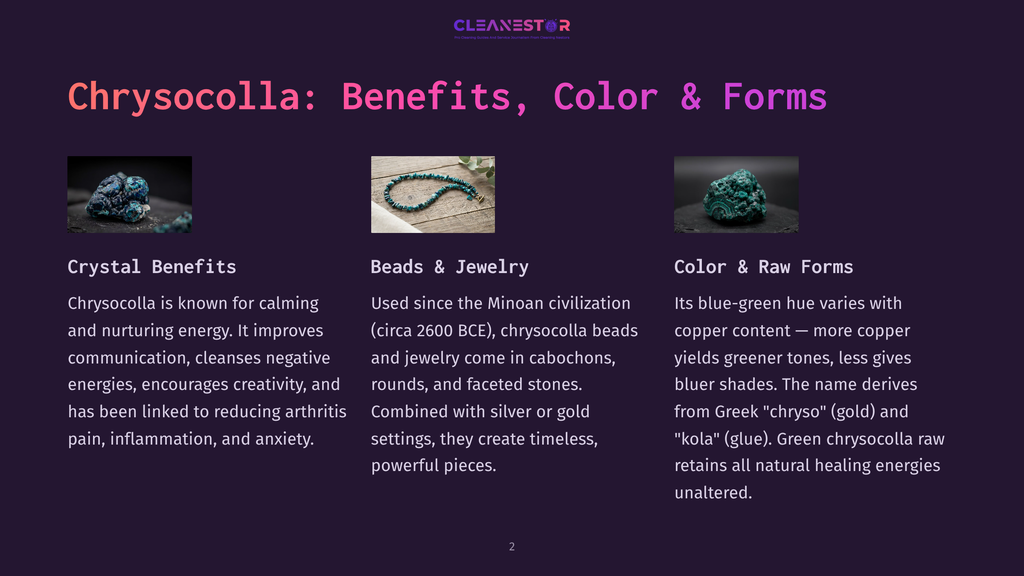 Chrysocolla: Benefits, Color &Amp; Forms. Three Images Show Raw Chrysocolla Stones, Chrysocolla Beads And Jewelry, And A Close-Up Of Raw Chrysocolla.