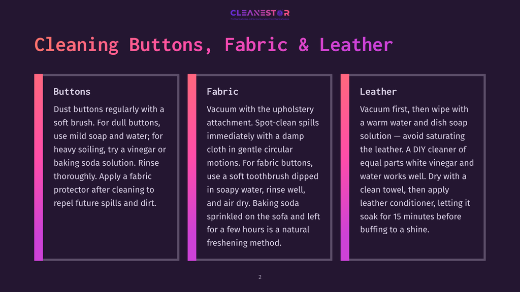 Cleaning Buttons, Fabric &Amp; Leather: A Guide With Three Sections On Cleaning Buttons, Fabric Upholstery, And Leather Furniture, Detailing Methods For Dust Removal, Spot Cleaning, And Conditioning.