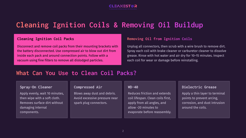 Image With Text Titled &Quot;Cleanestor: Cleaning Ignition Coils &Amp; Removing Oil Buildup.&Quot; Sections Detail Cleaning Ignition Coil Packs, Removing Oil From Ignition Coils, And Methods Like Spray-On Cleaner, Compressed Air, Wd-40, And Dielectric Grease.