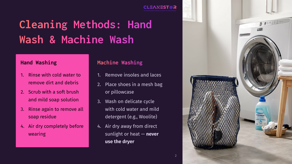 A Laundry Room Scene With A Washing Machine, A Mesh Laundry Bag Filled With Shoes, And Cleaning Instructions For Hand Washing And Machine Washing From Cleanestor.