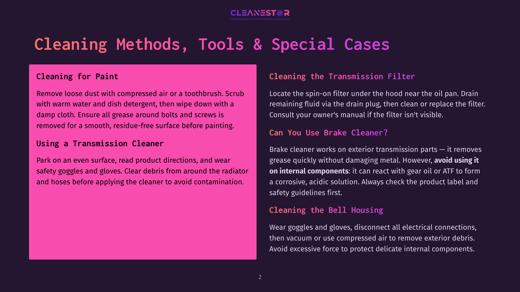 Purple And Pink Graphic With Text Detailing Cleaning Methods And Special Cases, Including Cleaning Paint And Transmission Filters.