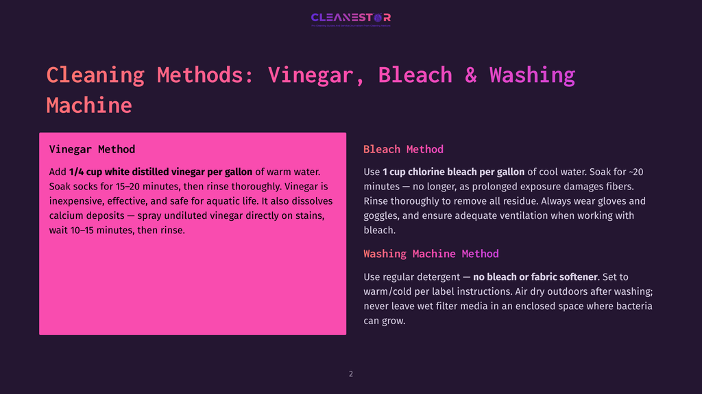 2 Cleaning Methods Vinegar Bleach And Washing Machine Dark Purple Background With Text About Cleaning Methods: Vinegar Method And Bleach Method. The Vinegar Method Section Details How To Clean Socks With Distilled Vinegar And Warm Water. The Bleach Method Section Explains How To Use Chlorine Bleach And Washing Machine Instructions.