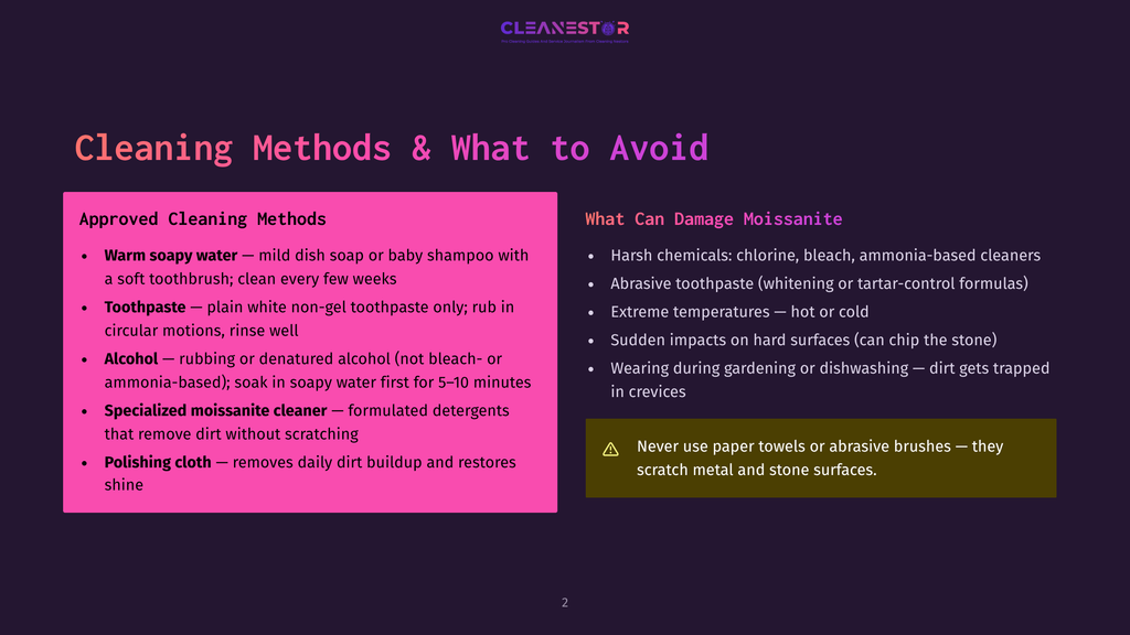 A Dark Purple Slide Titled &Quot;Cleaning Methods &Amp; What To Avoid&Quot; Lists Safe Cleaning Methods For Moissanite, Including Warm Soapy Water, Toothpaste, And Alcohol, And Warns Against Harsh Chemicals And Extreme Temperatures.