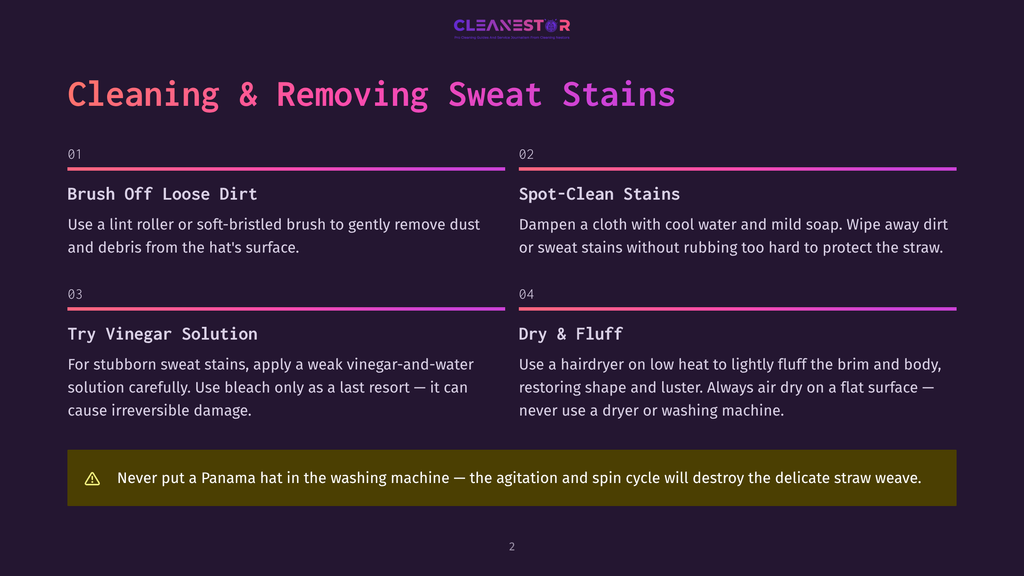 Infographic Detailing How To Clean And Remove Sweat Stains From A Panama Hat, With Steps Like Brushing, Spot-Cleaning, Using Vinegar, And Drying With A Hairdryer.
