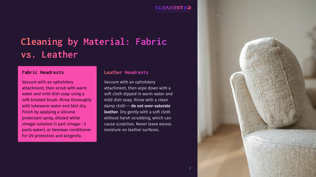 Close-Up Of A Textured, Cream-Colored Armchair With A Plush, Woven Fabric, Showcasing The Material'S Detail. Text Overlay From The &Quot;Cleanestor&Quot; Brand Discusses Cleaning Fabric Vs. Leather Headrests.