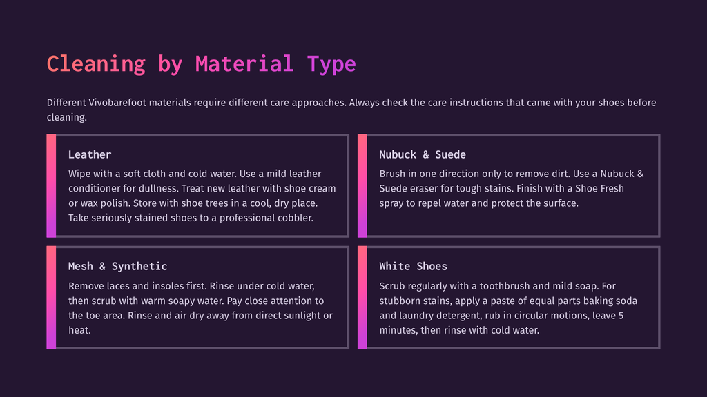 Infographic Detailing How To Clean Vivobarefoot Shoes By Material Type: Leather, Nubuck &Amp; Suede, Mesh &Amp; Synthetic, And White Shoes. The Text Provides Cleaning Instructions For Each Shoe Type.