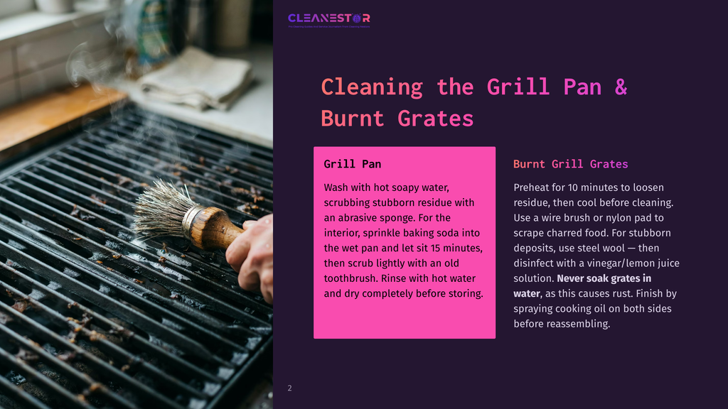 A Hand Scrubs A Greasy Grill Pan With A Wire Brush, With Cleaning Instructions For Grill Pans And Burnt Grill Grates Visible On The Right.