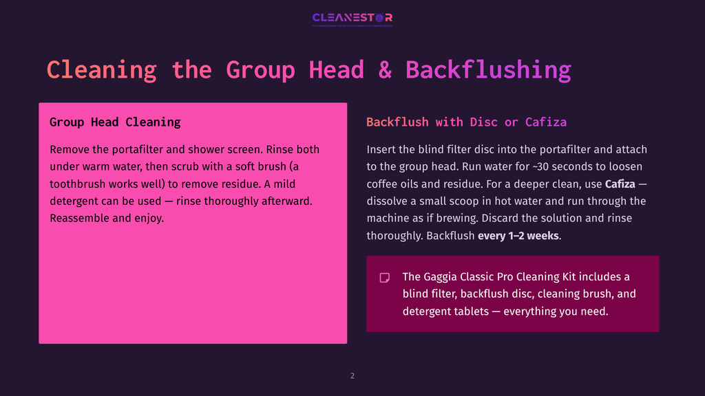Cleanestor Logo With Text &Quot;Cleaning The Group Head &Amp; Backflushing&Quot; And Instructions For Cleaning A Coffee Machine Group Head And Backflushing With A Disc Or Cafiza.