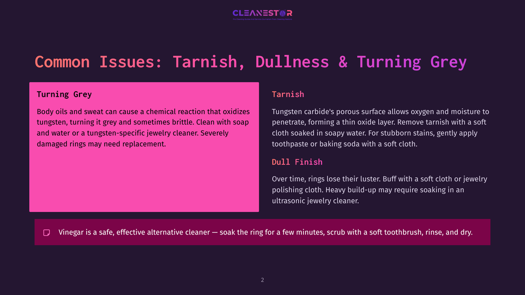 Presentation Slide Titled &Quot;Common Issues: Tarnish, Dullness &Amp; Turning Grey&Quot; With Sections On &Quot;Turning Grey&Quot; And &Quot;Tarnish,&Quot; And A Tip About Using Vinegar As A Safe Cleaner.