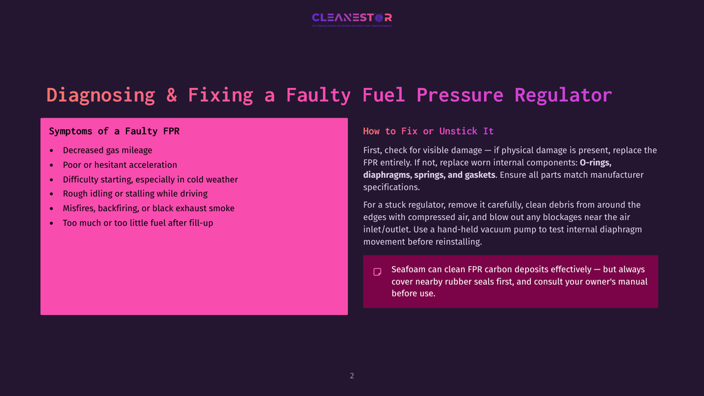 Diagnosing And Fixing A Faulty Fuel Pressure Regulator (Fpr): Symptoms Include Decreased Gas Mileage, Rough Idling, Misfires, And Poor Or Hesitant Acceleration. Fixes Involve Checking For Damage, Replacing The Fpr, Or Cleaning Debris From The Inlet/Outlet.