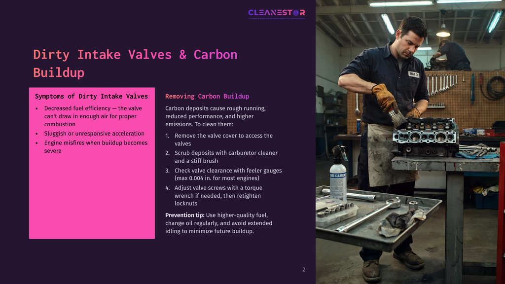 Mechanic Cleans Engine Intake Valves With A Brush, Showing Carbon Buildup. Text Explains How To Remove Carbon Buildup From Dirty Intake Valves.