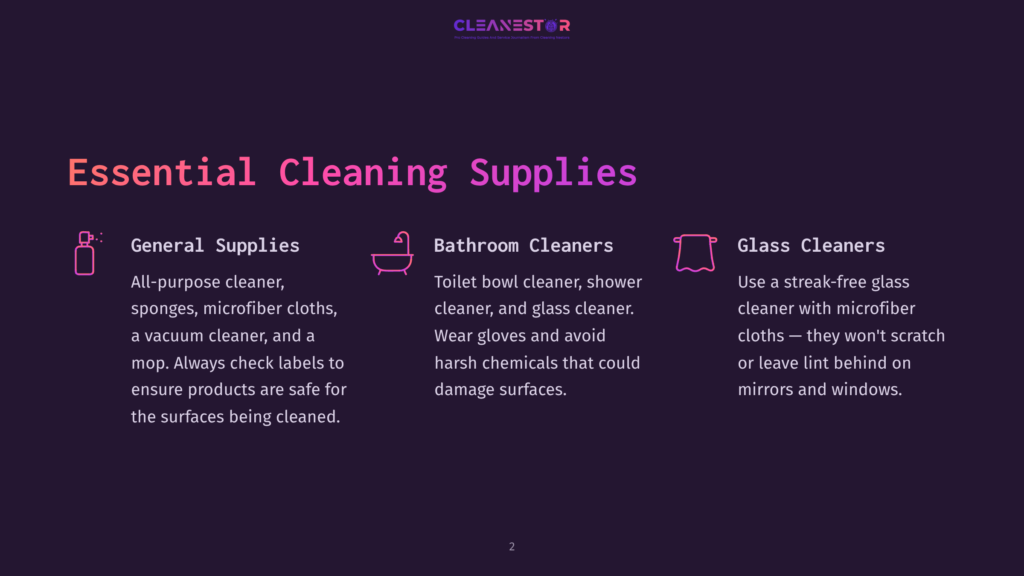 Essential Cleaning Supplies Graphic With Sections For General Supplies, Bathroom Cleaners, And Glass Cleaners, Featuring Icons And Descriptions.