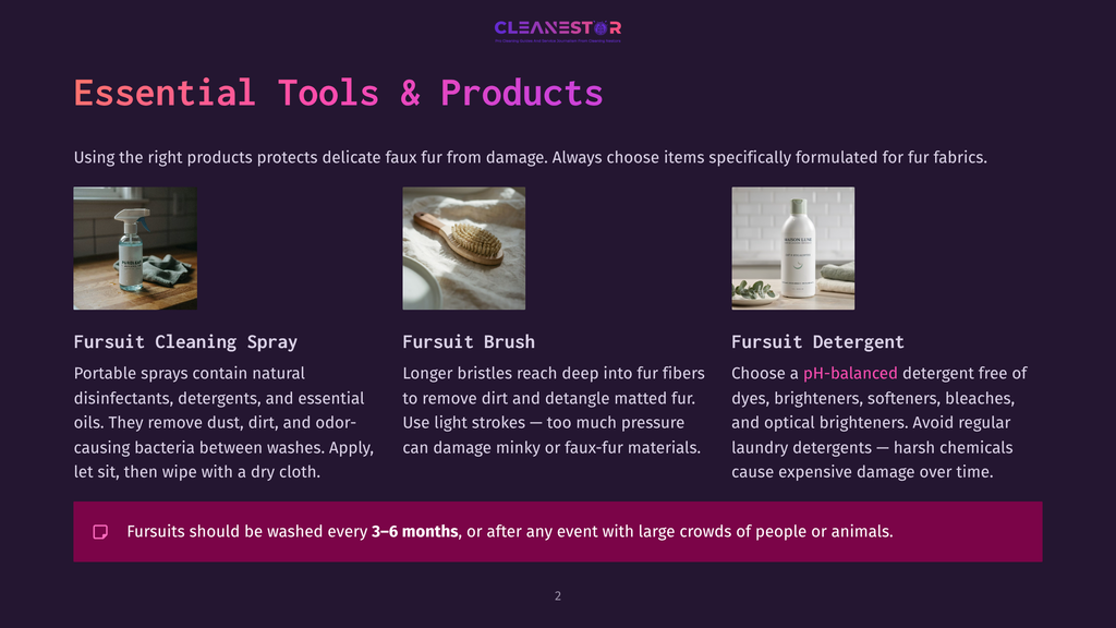 Three Essential Products For Faux Fur Care: A Cleaning Spray Bottle, A Soft Brush For Detangling, And A Ph-Balanced Detergent. Text Reads &Quot;Essential Tools &Amp; Products&Quot; And &Quot;Fursuits Should Be Washed Every 3-6 Months.