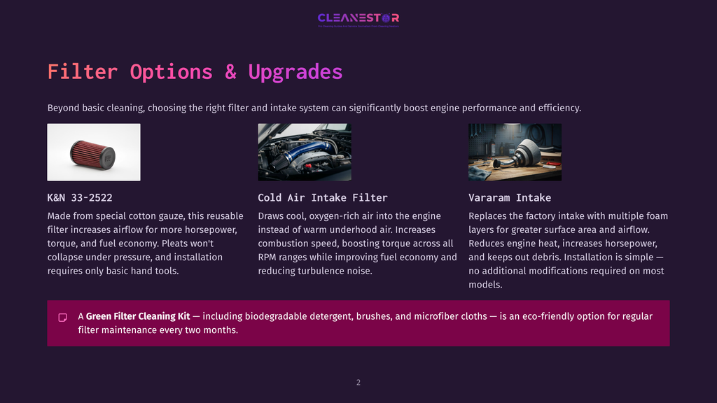 Three Engine Intake Systems: K&Amp;N 33-2525 Red Filter, A Cold Air Intake Filter, And A Vararam Intake System.