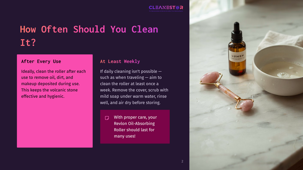 A Pink Jade Roller And A Bottle Of Lumen Oil Sit On A Marble Countertop Next To A White Towel And A Bowl Of Water. Text On The Left Reads: &Quot;How Often Should You Clean It? After Every Use. Ideally, Clean The Roller After Each Use To Remove Oil, Dirt, And Makeup Deposited During Use. This Keeps The Volcanic Stone Effective And Hygienic. At Least Weekly. If Daily Cleaning Isn'T Possible - Such As When Traveling - Aim To Clean The Roller At Least Once A Week. Remove The Cover, Scrub With Mild Soap Under Warm Water, Rinse Well, And Air Dry Before Storing. With Proper Care, Your Revlon Oil-Absorbing Roller Should Last For Many Uses!