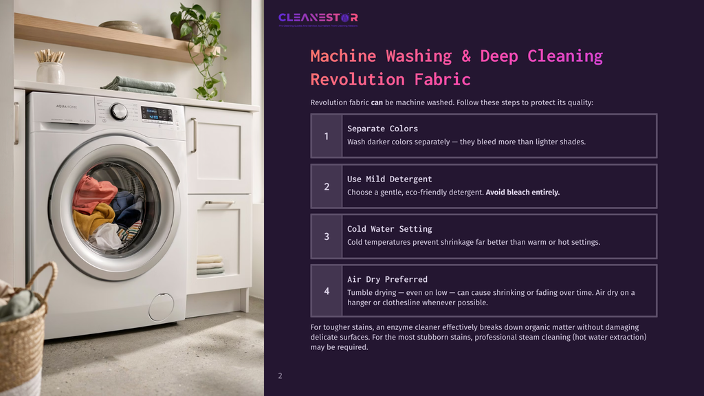 Cleanestor Logo And Text: &Quot;Machine Washing &Amp; Deep Cleaning Revolution Fabric.&Quot; A White Front-Load Washing Machine Is Filled With Colorful Clothes, With A Basket Of Laundry Next To It.