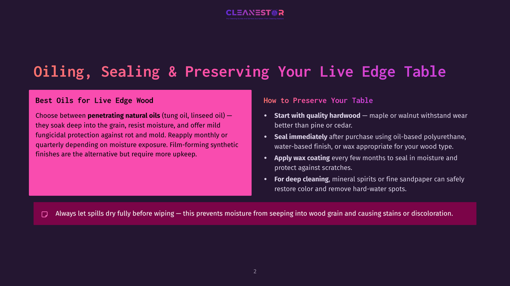 A Dark Purple Background With A Pink Rectangle On The Left Titled &Quot;Best Oils For Live Edge Wood&Quot;. The Text Explains How To Care For Live Edge Tables, Including Oiling, Sealing, And Preserving Them With Tips Like &Quot;Start With Quality Hardwood&Quot; And &Quot;Apply Wax Coating&Quot;.
