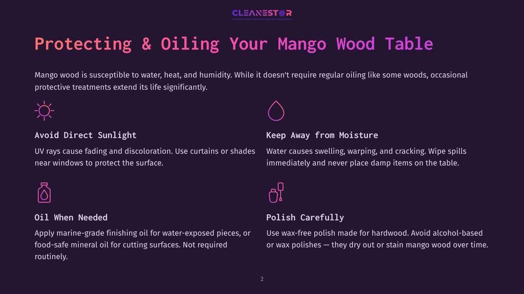 Infographic Titled &Quot;Protecting &Amp; Oiling Your Mango Wood Table&Quot; With Icons And Text Explaining How To Care For Mango Wood Furniture, Including Keeping It Out Of Direct Sunlight And Away From Moisture.