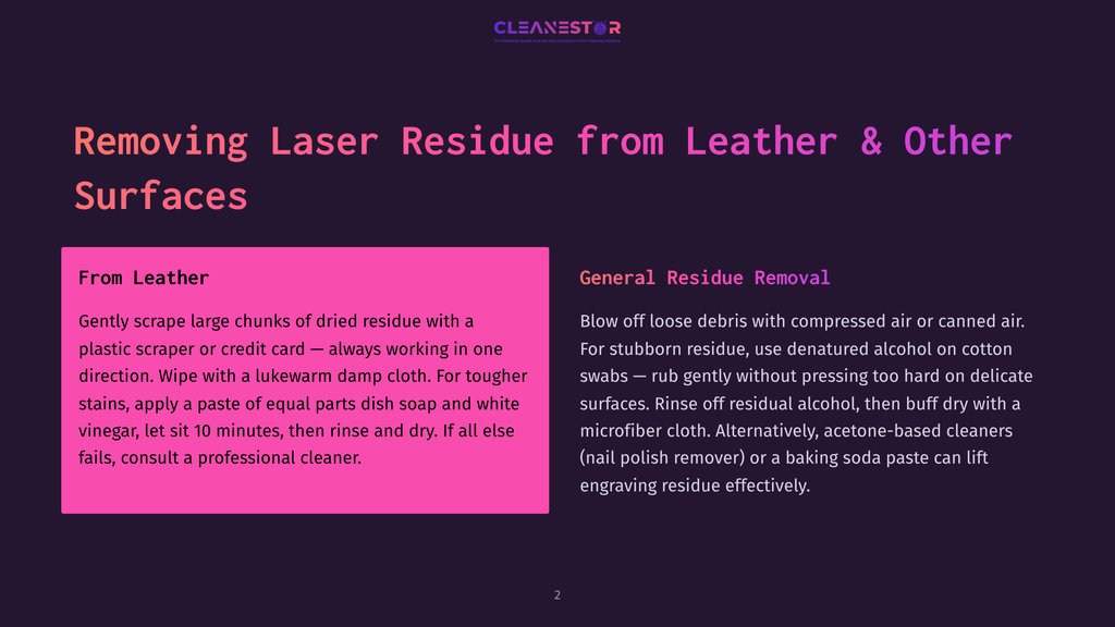 Title Graphic For A Guide On Removing Laser Residue From Leather And Other Surfaces, Featuring Text &Quot;Removing Laser Residue From Leather &Amp; Other Surfaces&Quot; And &Quot;From Leather&Quot; And &Quot;General Residue Removal&Quot; Sections.