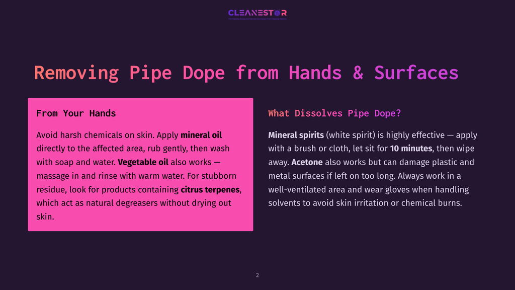 A Slide From A Presentation Titled &Quot;Removing Pipe Dope From Hands &Amp; Surfaces.&Quot; The Left Side, &Quot;From Your Hands,&Quot; Details Using Mineral Oil And Vegetable Oil To Remove Pipe Dope. The Right Side, &Quot;What Dissolves Pipe Dope?&Quot;, Recommends Mineral Spirits And Acetone, With A 10-Minute Sit Time.