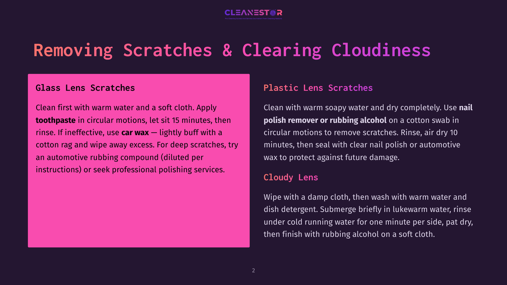 Text Overlay On A Dark Purple Background: &Quot;Cleanestor&Quot; Logo At The Top. Main Title: &Quot;Removing Scratches &Amp; Clearing Cloudiness&Quot;. Left Box: &Quot;Glass Lens Scratches&Quot; With Instructions Using Toothpaste And Car Wax. Right Box: &Quot;Plastic Lens Scratches&Quot; With Instructions Using Nail Polish Remover Or Rubbing Alcohol And Clear Nail Polish, Followed By &Quot;Cloudy Lens&Quot; With Instructions Using Dish Detergent.