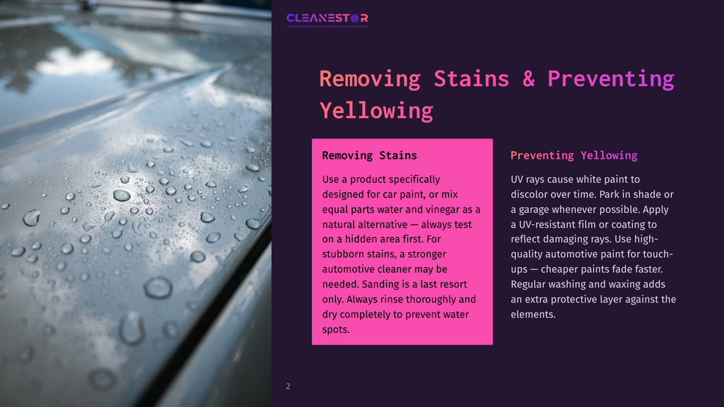 Close-Up Of Water Droplets On A Shiny Silver Car Surface, With The Text &Quot;Cleanestor Removing Stains &Amp; Preventing Yellowing&Quot; Visible In The Background.