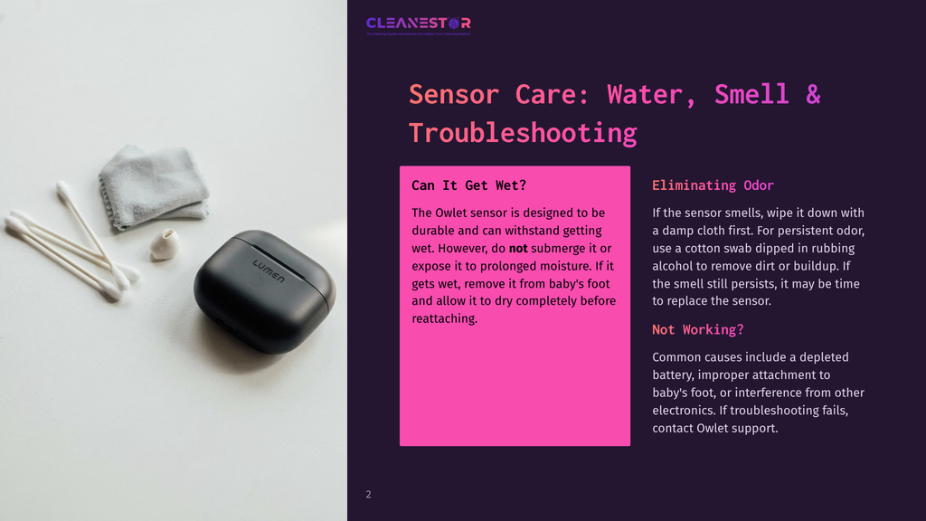 Close-Up Of A White Lumen Baby Monitor Sensor And Its Charging Case, Alongside Cotton Swabs And A Cleaning Cloth, On A White Surface.