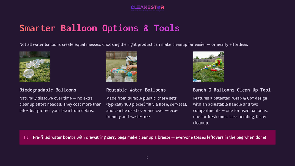Three Types Of Water Balloon Options: Biodegradable Balloons In A Basket, Reusable Water Balloons Being Filled, And A Grab &Amp; Go Clean Up Tool With A Balloon Launcher And Cleanup Tools.