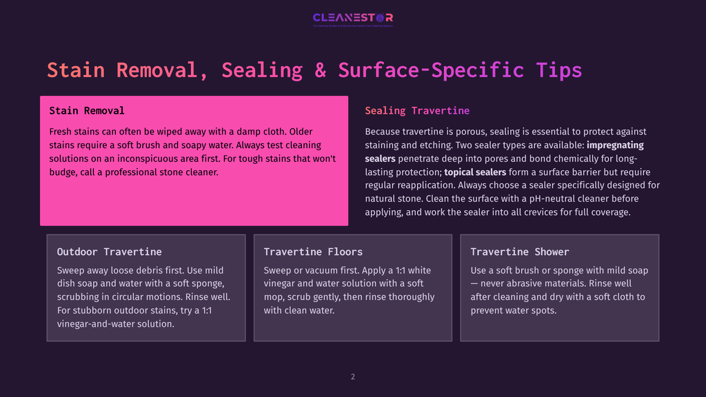 Infographic Detailing Travertine Cleaning And Sealing Tips, With Sections On Stain Removal, Sealing With Impregnating And Topical Sealers, And Specific Care For Floors And Showers.