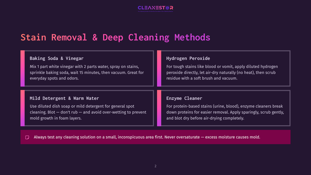 Infographic Detailing Stain Removal And Deep Cleaning Methods, Including Baking Soda &Amp; Vinegar, Hydrogen Peroxide, Mild Detergent &Amp; Warm Water, And Enzyme Cleaner. The Text Also Warns Against Over-Saturating Surfaces To Prevent Mold.