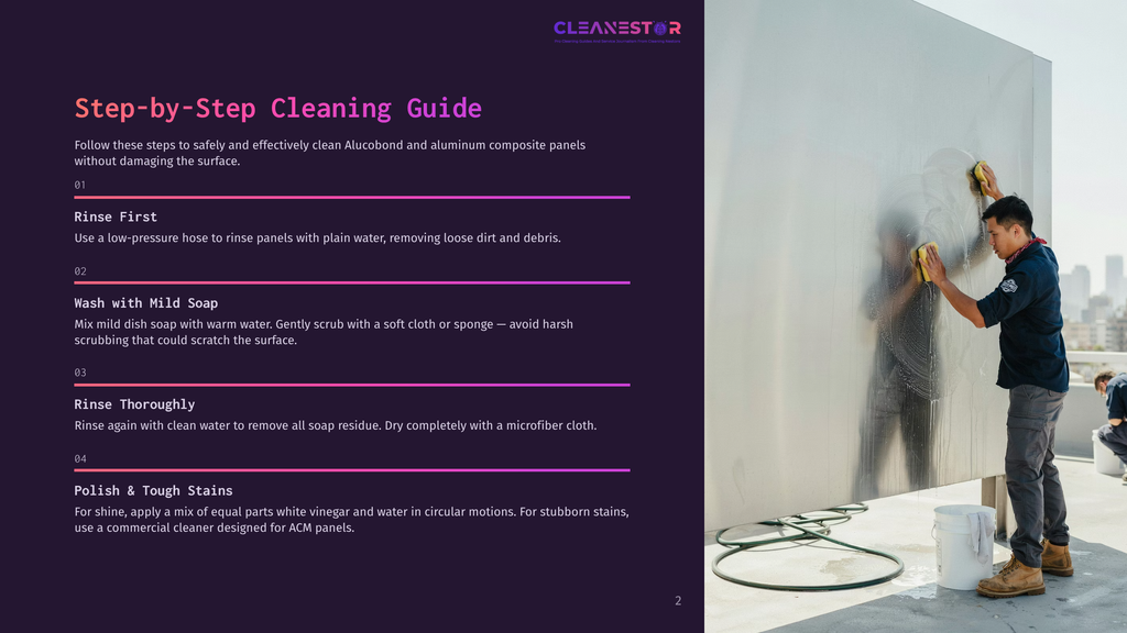 A Man In A Blue Shirt And Grey Pants Meticulously Cleans A Large, Brushed Aluminum Panel With A Yellow Sponge, Following A Cleaning Guide Titled &Quot;Step-By-Step Cleaning Guide&Quot; On The Left.