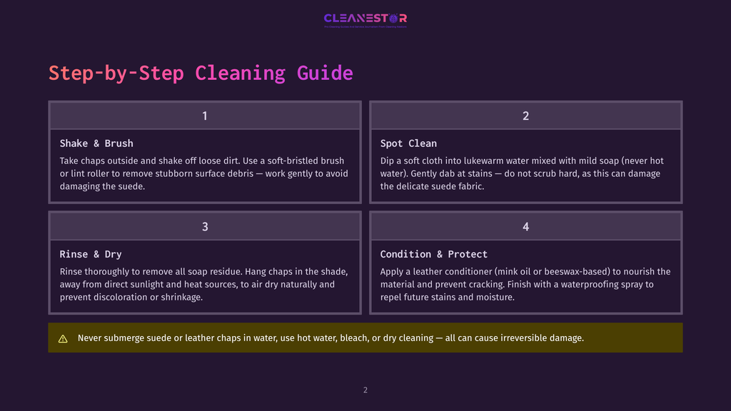 A Step-By-Step Guide To Cleaning Suede And Leather Chaps, With Sections For Shake &Amp; Brush, Spot Clean, Rinse &Amp; Dry, And Condition &Amp; Protect. The Guide Warns Against Using Water, Bleach, Or Dry Cleaning On Suede.