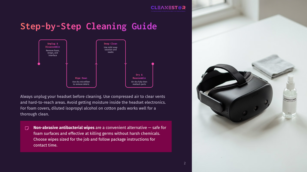 2 Step By Step Cleaning Guide 9 A Vr Headset Sits On A White Table Next To A Bottle Of Lumen Care Cleaning Spray, With A Microfiber Cloth Nearby. A Step-By-Step Cleaning Guide For Vr Headsets Is Visible On The Left Side Of The Image.