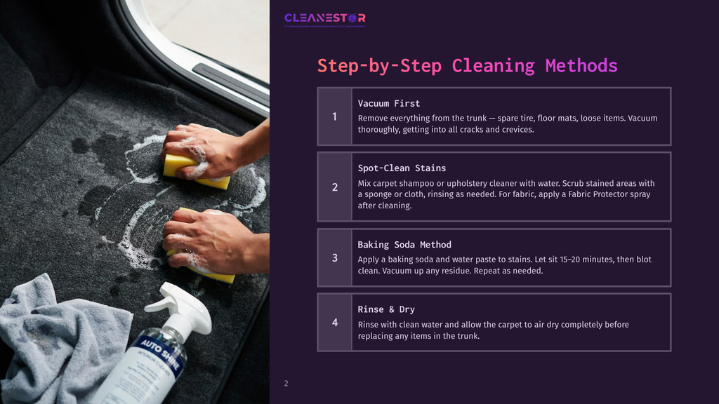 Step-By-Step Car Interior Cleaning Guide: Vacuuming The Trunk, Spot-Cleaning Stains With A Sponge, Using Baking Soda For Tough Spots, And Rinsing The Carpet.