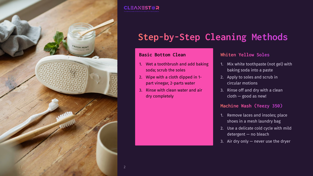 White Sneakers Being Cleaned With A Toothbrush And Baking Soda Paste, With Cleaning Supplies Like Fresh Mint Paste And Toothbrushes On A Wooden Table.