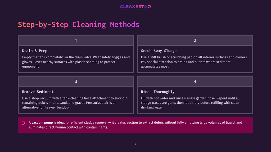 Step-By-Step Cleaning Methods For A Tank, Including Drain &Amp; Prep, Scrub Away Sludge, Remove Sediment, And Rinse Thoroughly. A Vacuum Pump Is Ideal For Efficient Sludge Removal.