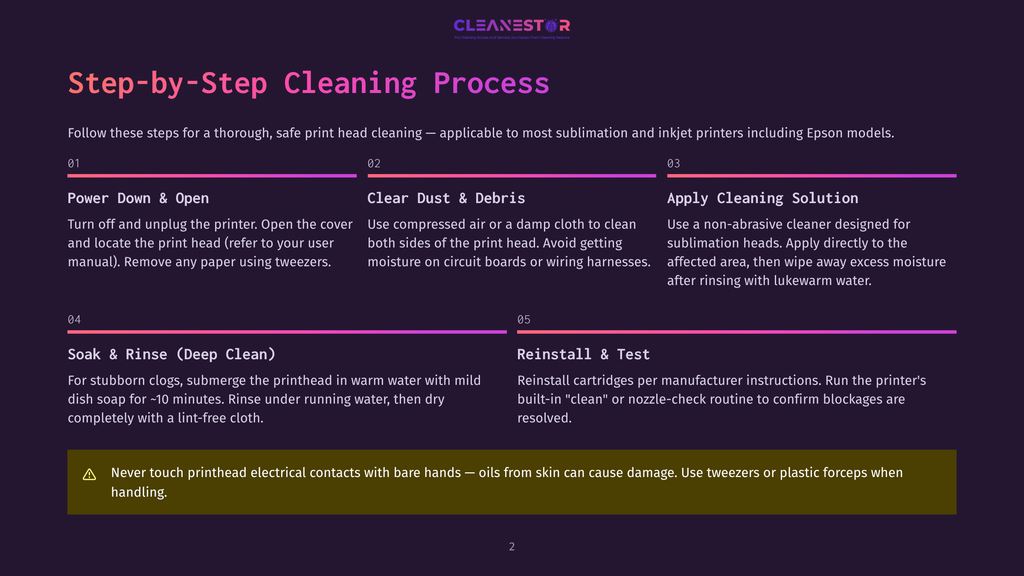 Step-By-Step Guide To Cleaning Sublimation And Inkjet Printer Print Heads. Includes Steps For Power Down, Cleaning, Applying Solution, Soaking, And Reinstallation.