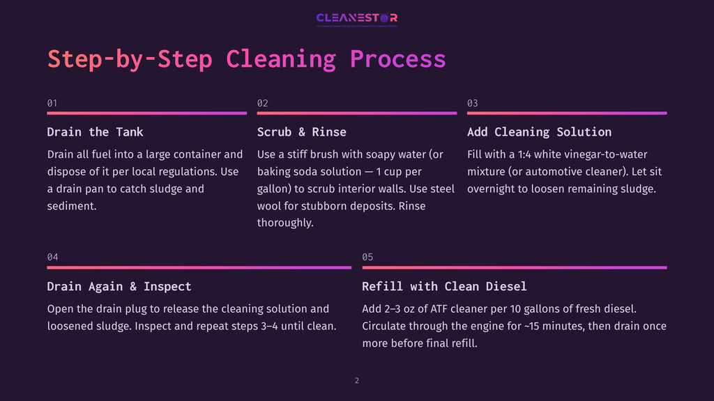 Infographic Detailing A 5-Step Cleaning Process For Fuel Tanks: Drain The Tank, Scrub &Amp; Rinse, Add Cleaning Solution, Drain Again &Amp; Inspect, Refill With Clean Diesel. Includes Instructions And Quantities.