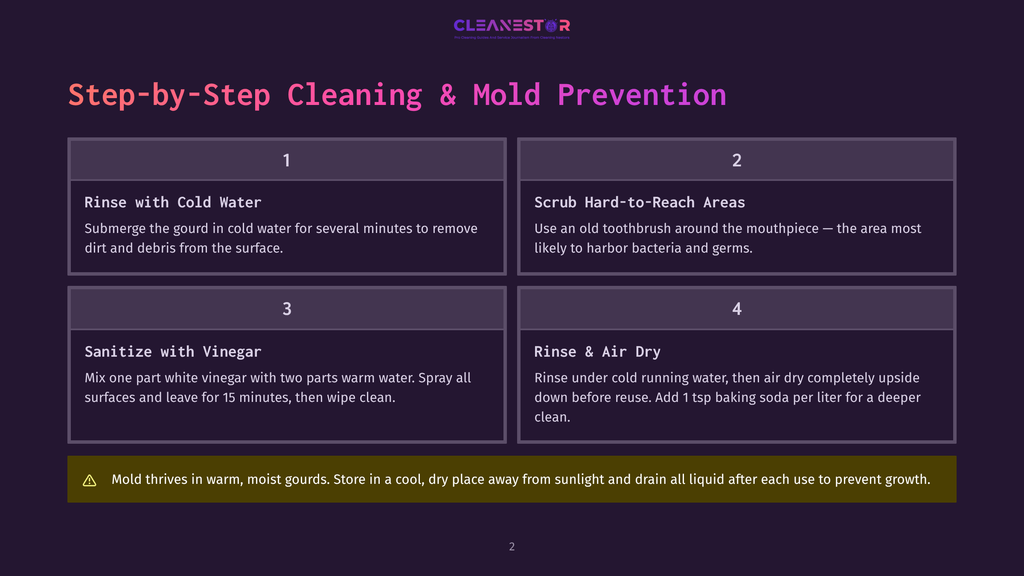 Step-By-Step Cleaning And Mold Prevention Guide For Gourds. Includes Rinsing With Cold Water, Scrubbing With An Old Toothbrush, Sanitizing With Vinegar, And Rinsing And Drying With Baking Soda.