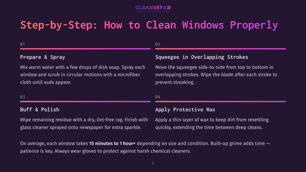 2 Step By Step How To Clean Windows Properly Step-By-Step Guide On How To Properly Clean Windows, Featuring Text Detailing Preparation, Squeegee Technique, Buffing, And Applying Protective Wax.