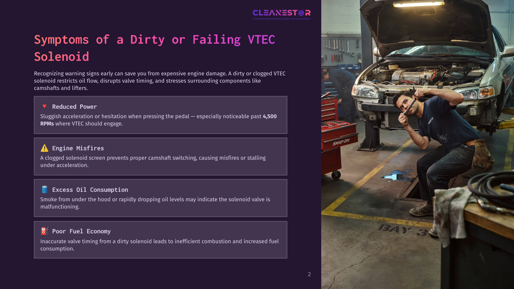 2 Symptoms Of A Dirty Or Failing Vtec Solenoid Mechanic Works On A Car Engine With The Hood Up, Tool In Hand. Text: &Quot;Symptoms Of A Dirty Or Failing Vtec Solenoid&Quot;.