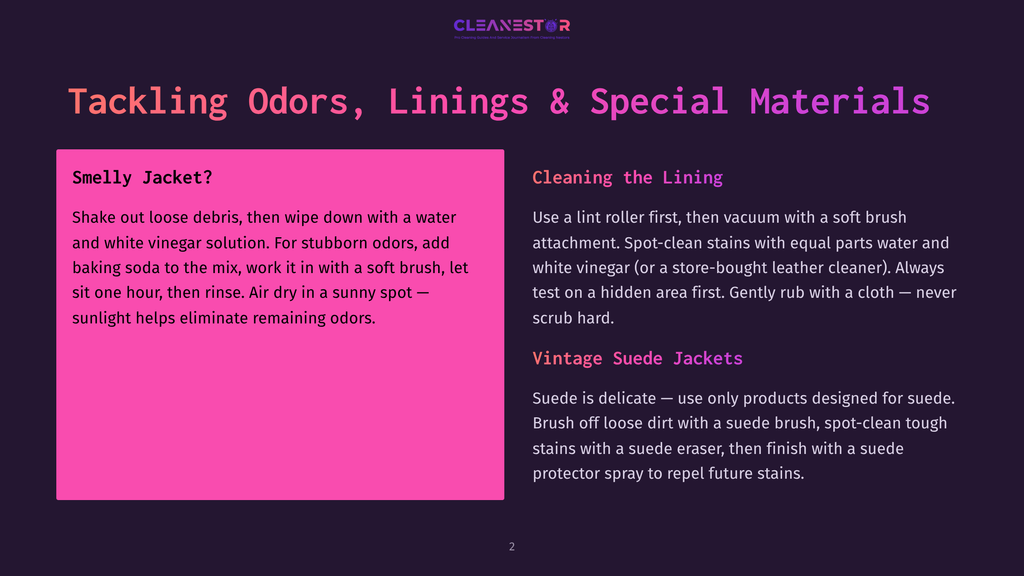 A Pink Rectangle With Bold Purple Text Lists Tips For Tackling Odors, Linings, And Special Materials, Including &Quot;Smelly Jacket?&Quot; And &Quot;Cleaning The Lining.