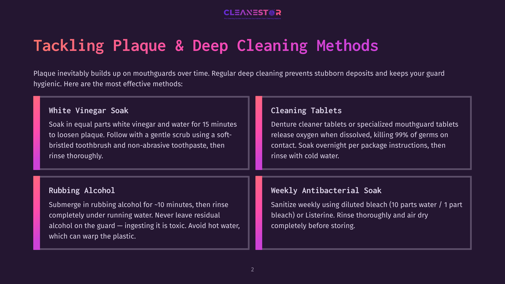 Infographic Titled &Quot;Tackling Plaque &Amp; Deep Cleaning Methods&Quot; With Four Sections: White Vinegar Soak, Cleaning Tablets, Rubbing Alcohol, And Weekly Antibacterial Soak, Detailing Mouthguard Cleaning Solutions.