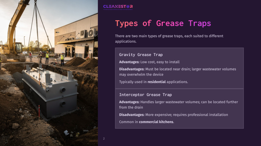 A Large, Grey Grease Trap Is Being Installed In A Trench Next To A Building, With Heavy Machinery In The Background. Text On The Slide Reads &Quot;Types Of Grease Traps.
