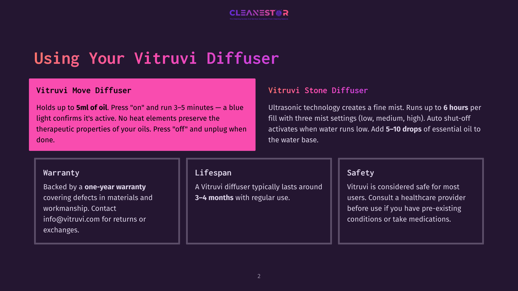A Slide Titled &Quot;Using Your Vitruvi Diffuser&Quot; From Cleanestor, Detailing Vitruvi Move Diffuser And Vitruvi Stone Diffuser Features, Warranty, Lifespan, And Safety Information.